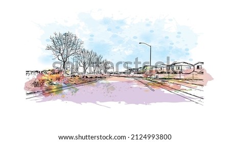  Building view with landmark of Merced is the city in California. Watercolor splash with hand drawn sketch illustration in vector.