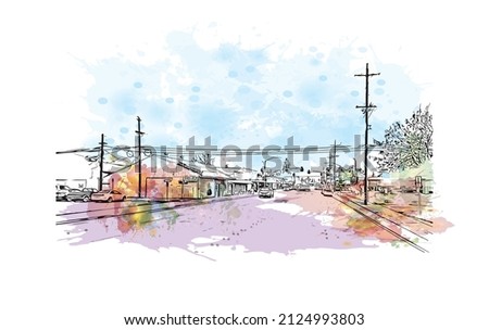  Building view with landmark of Merced is the city in California. Watercolor splash with hand drawn sketch illustration in vector.