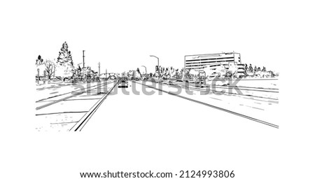  Building view with landmark of Merced is the city in California. Hand drawn sketch illustration in vector.