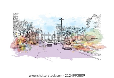  Building view with landmark of Merced is the city in California. Watercolor splash with hand drawn sketch illustration in vector.