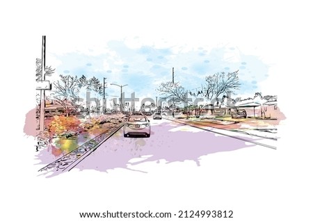 Building view with landmark of Merced is the city in California. Watercolor splash with hand drawn sketch illustration in vector.