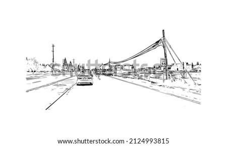  Building view with landmark of Merced is the city in California. Hand drawn sketch illustration in vector.
