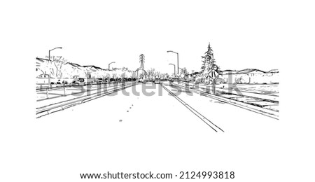  Building view with landmark of Merced is the city in California. Hand drawn sketch illustration in vector.