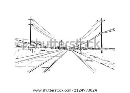  Building view with landmark of Merced is the city in California. Hand drawn sketch illustration in vector.