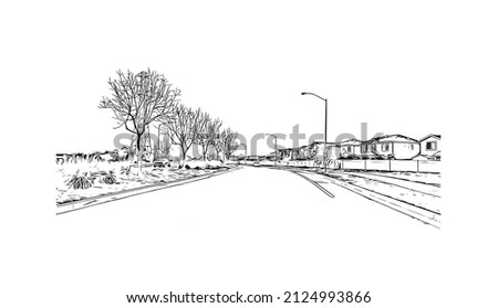  Building view with landmark of Merced is the city in California. Hand drawn sketch illustration in vector.