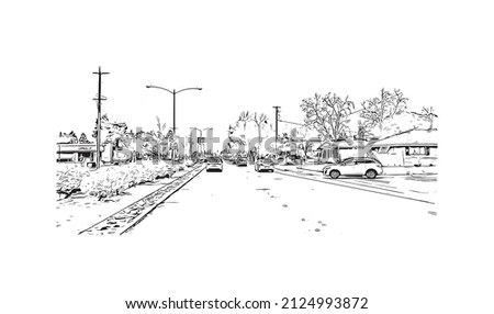  Building view with landmark of Merced is the city in California. Hand drawn sketch illustration in vector.