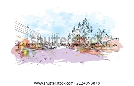  Building view with landmark of Merced is the city in California. Watercolor splash with hand drawn sketch illustration in vector.