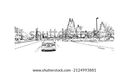  Building view with landmark of Merced is the city in California. Hand drawn sketch illustration in vector.