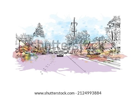  Building view with landmark of Merced is the city in California. Watercolor splash with hand drawn sketch illustration in vector.