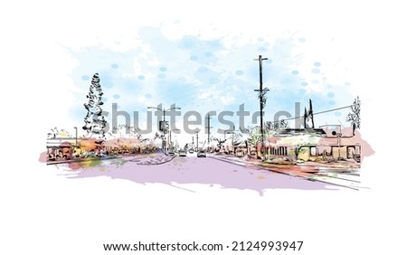  Building view with landmark of Merced is the city in California. Watercolor splash with hand drawn sketch illustration in vector.