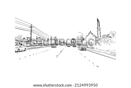  Building view with landmark of Merced is the city in California. Hand drawn sketch illustration in vector.