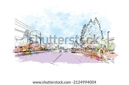  Building view with landmark of Merced is the city in California. Watercolor splash with hand drawn sketch illustration in vector.
