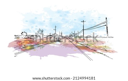  Building view with landmark of Merced is the city in California. Watercolor splash with hand drawn sketch illustration in vector.