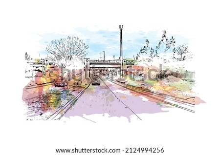  Building view with landmark of Merced is the city in California. Watercolor splash with hand drawn sketch illustration in vector.