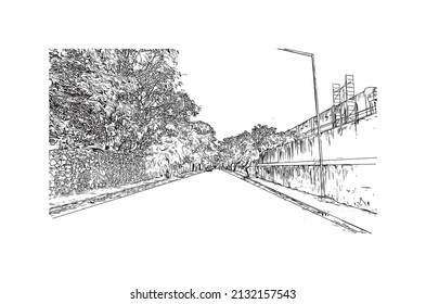 La vista de construcción con el punto de referencia de Mérida es el 
ciudad de México. Dibujo a mano de ilustración de esbozo en vector.