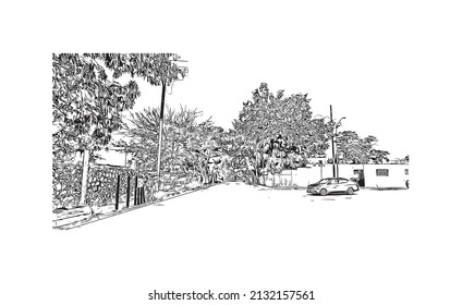 Building view with landmark of  Merida is the 
city in Mexico. Hand drawn sketch illustration in vector.