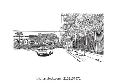 Building view with landmark of  Merida is the 
city in Mexico. Hand drawn sketch illustration in vector.