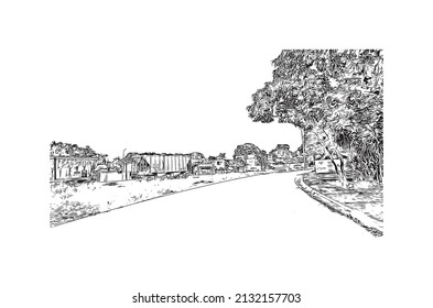 Building view with landmark of  Merida is the 
city in Mexico. Hand drawn sketch illustration in vector.