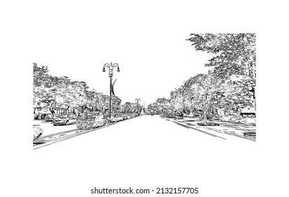 La vista de construcción con el punto de referencia de Mérida es el 
ciudad de México. Dibujo a mano de ilustración de esbozo en vector.