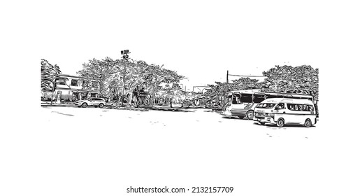 La vista de construcción con el punto de referencia de Mérida es el 
ciudad de México. Dibujo a mano de ilustración de esbozo en vector.