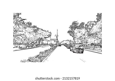 Building view with landmark of  Merida is the 
city in Mexico. Hand drawn sketch illustration in vector.