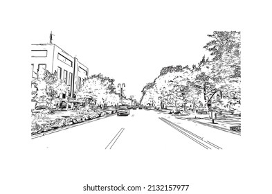 Building view with landmark of  Merida is the 
city in Mexico. Hand drawn sketch illustration in vector.