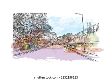 Building view with landmark of Merida is the 
city in Mexico. Watercolor splash with hand drawn sketch illustration in vector.