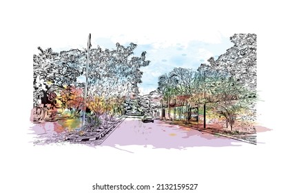 Building view with landmark of Merida is the 
city in Mexico. Watercolor splash with hand drawn sketch illustration in vector.