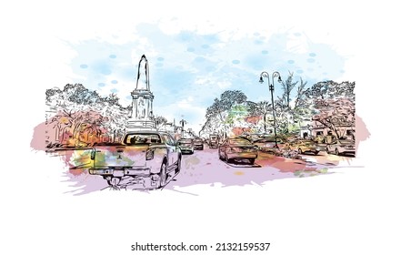 Building view with landmark of Merida is the 
city in Mexico. Watercolor splash with hand drawn sketch illustration in vector.