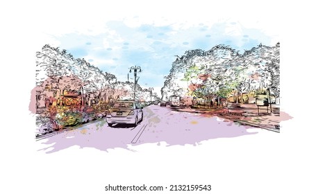 Building view with landmark of Merida is the 
city in Mexico. Watercolor splash with hand drawn sketch illustration in vector.