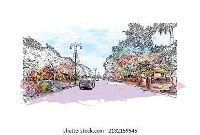 La vista de construcción con el punto de referencia de Mérida es el 
ciudad de México. Salto de color de agua con ilustración de esbozo dibujada a mano en vector.