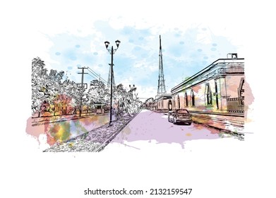 La vista de construcción con el punto de referencia de Mérida es el 
ciudad de México. Salto de color de agua con ilustración de esbozo dibujada a mano en vector.