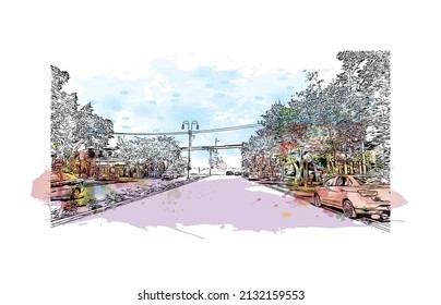 Building view with landmark of Merida is the 
city in Mexico. Watercolor splash with hand drawn sketch illustration in vector.