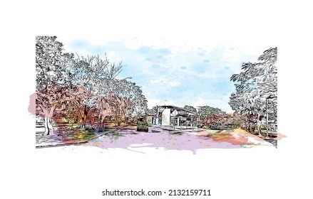 Der Ausblick auf das Gebäude mit Wahrzeichen Merida ist der 
Stadt in Mexiko. Aquarellspritzer mit handgezeichneter Skizzengrafik in Vektorgrafik.