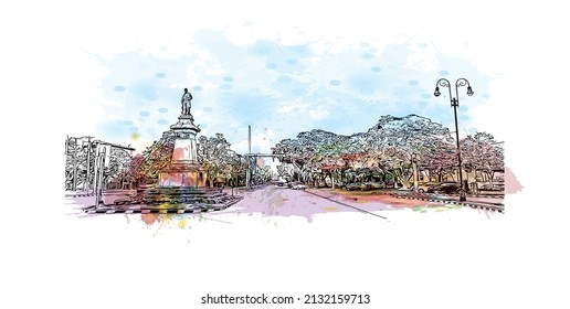 Building view with landmark of Merida is the 
city in Mexico. Watercolor splash with hand drawn sketch illustration in vector.