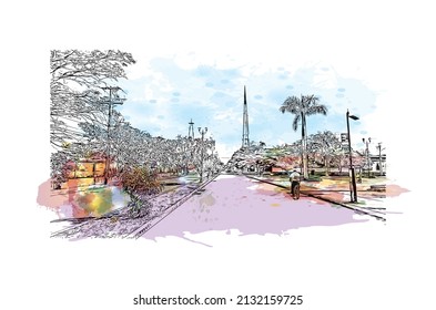 Building view with landmark of Merida is the 
city in Mexico. Watercolor splash with hand drawn sketch illustration in vector.