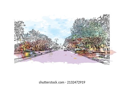 Building view with landmark of Merida is the 
city in Mexico. Watercolor splash with hand drawn sketch illustration in vector.