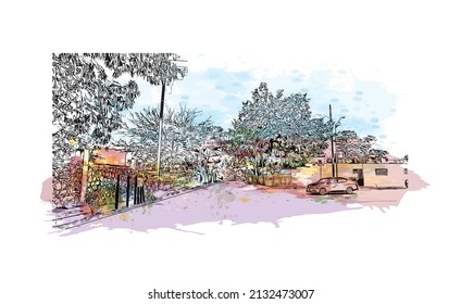 Building view with landmark of Merida is the 
city in Mexico. Watercolor splash with hand drawn sketch illustration in vector.