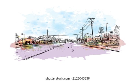 Building view with landmark of Meridian is the 
city in Mississippi. Watercolor splash with hand drawn sketch illustration in vector.
