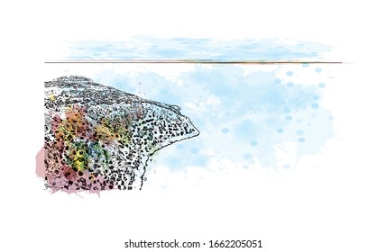 Building view with landmark of Mersin is a port city in southern Turkey on the Mediterranean coast. Watercolor splash with Hand drawn sketch illustration in vector.