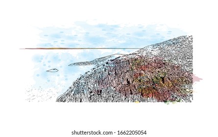 Building view with landmark of Mersin is a port city in southern Turkey on the Mediterranean coast. Watercolor splash with Hand drawn sketch illustration in vector.