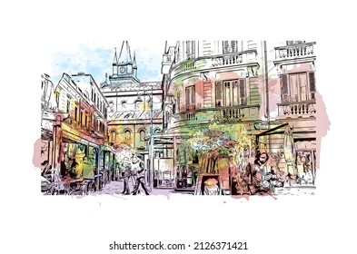 Building view with landmark of Messina is the 
city in Italy. Watercolor splash with hand drawn sketch illustration in vector.