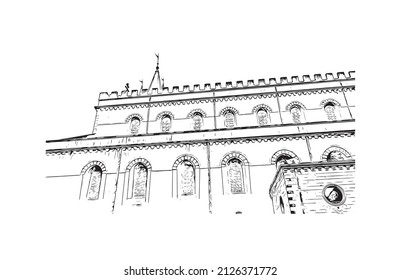 Building view with landmark of Messina is the 
city in Italy. Hand drawn sketch illustration in vector.