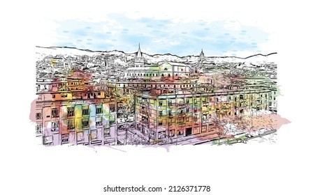 Building view with landmark of Messina is the 
city in Italy. Watercolor splash with hand drawn sketch illustration in vector.