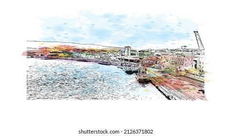 Building view with landmark of Messina is the 
city in Italy. Watercolor splash with hand drawn sketch illustration in vector.