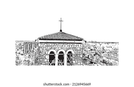 Building view with landmark of Mestre is the most populated borough in Italy. Hand drawn sketch illustration in vector.