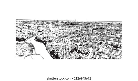 Building view with landmark of Mestre is the most populated borough in Italy. Hand drawn sketch illustration in vector.