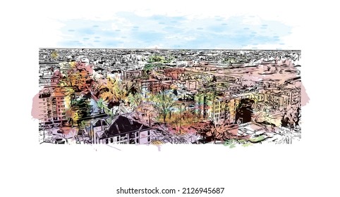 Building view with landmark of Mestre is the most populated borough in Italy. Watercolor splash with hand drawn sketch illustration in vector.