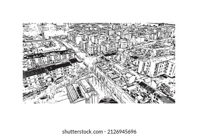 Building view with landmark of Mestre is the most populated borough in Italy. Hand drawn sketch illustration in vector.