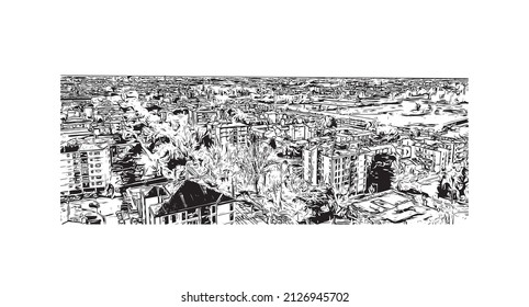 Building view with landmark of Mestre is the most populated borough in Italy. Hand drawn sketch illustration in vector.